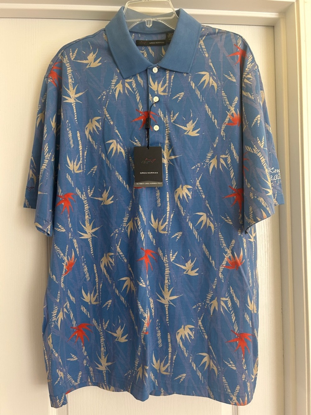 Greg Norman Collection Blue Tropical Leaf Print Polo